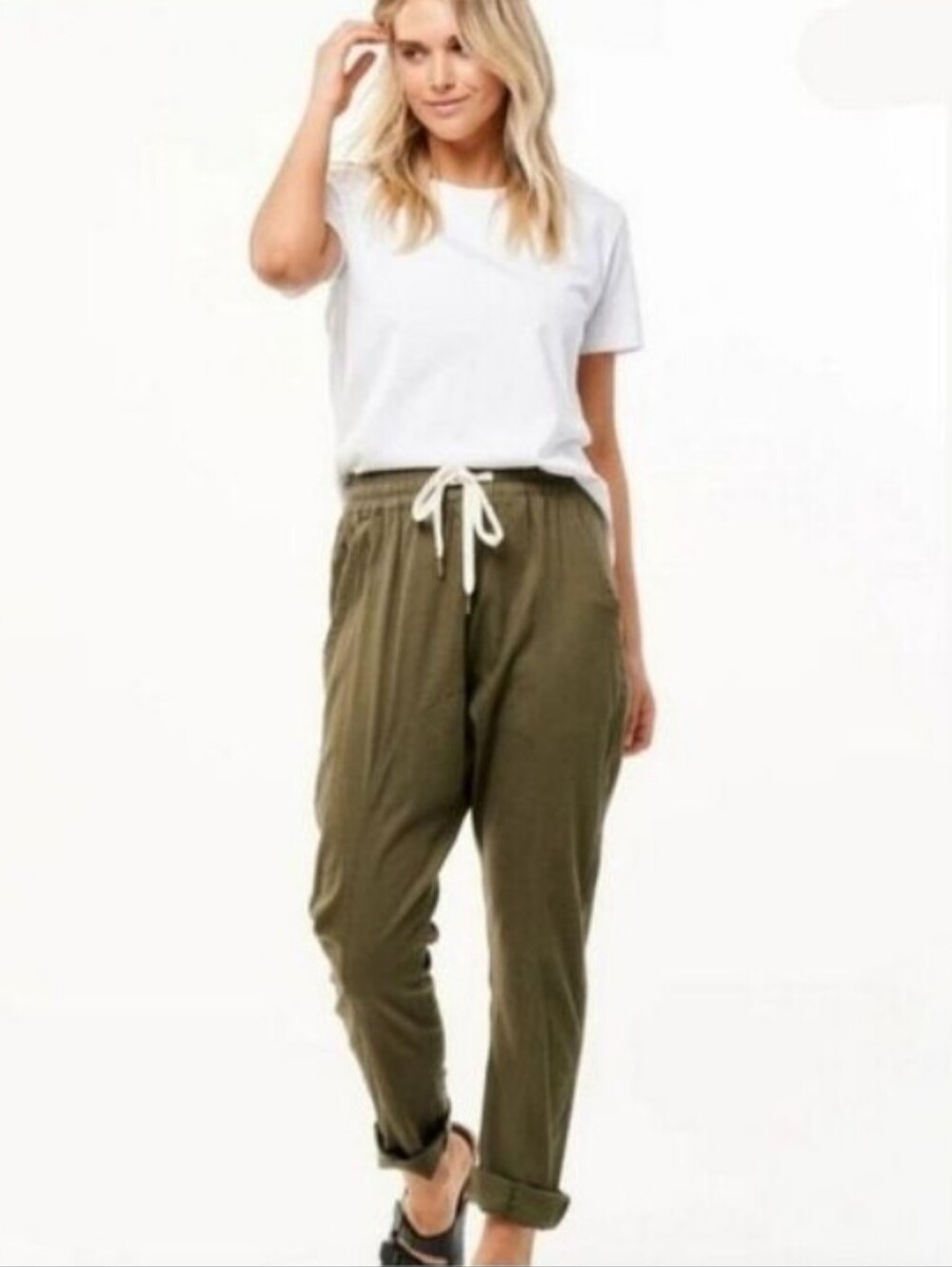 Blank NYC Roll The Dice Army Green Linen Blend Drawstring Pull-on Jogger Pants